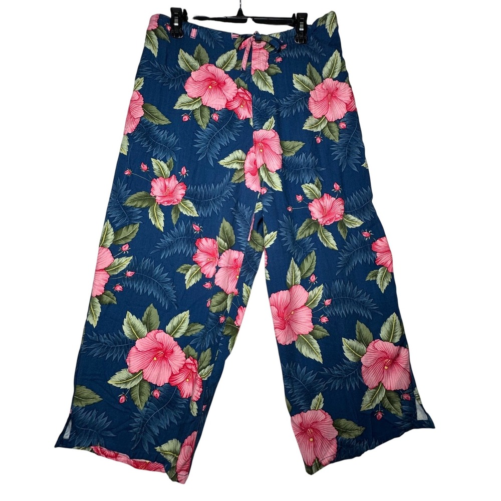 Caribbean Joe Blue Hibiscus Floral Wide Leg Crop Pants XL Rayon - Picture 2 of 6